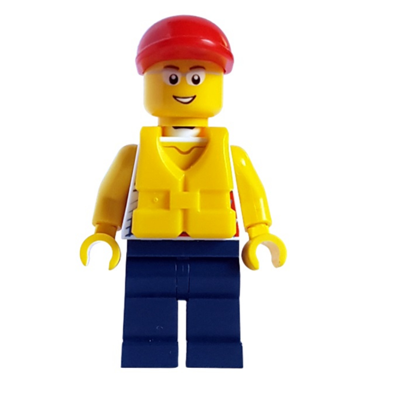 Homme, haut de gilet blanc, jambes bleu foncé, casquette rouge, gilet de sauvetage jaune, lunettes (Man, White Vest Top, Dark Blue Legs, Red Cap, Yellow Life Vest, Glasses)