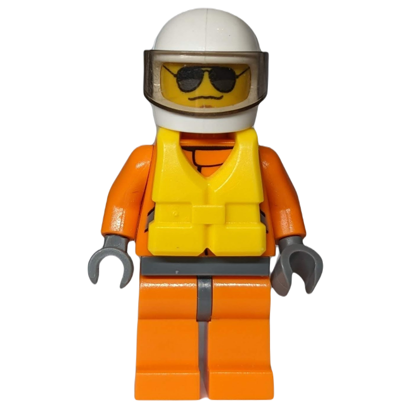 Garde côtière, combinaison orange, casque blanc avec visière, gilet de sauvetage jaune, lunettes de soleil (Coast Guard, Orange Jumpsuit, White Helmet with Visor, Yellow Life Vest, Sunglasses)