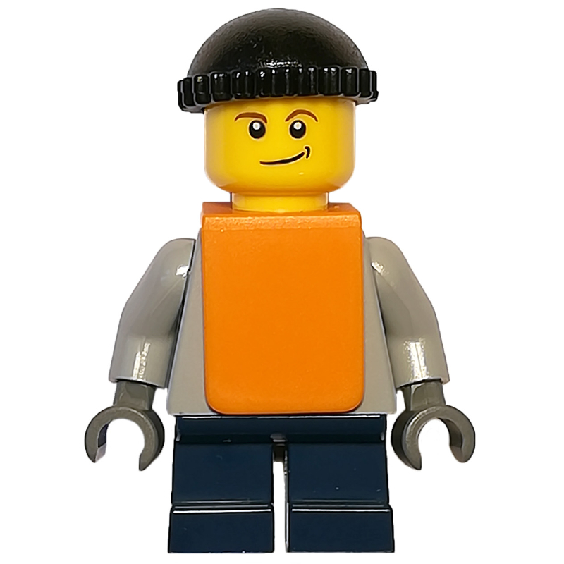 Garçon, clair clair bleuâtre gris torse, courtes jambes bleu foncé, chapeau noir, gilet orange (Boy, Plain Light Bluish Gray Torso, Short Dark Blue Legs, Black Hat, Orange Vest)