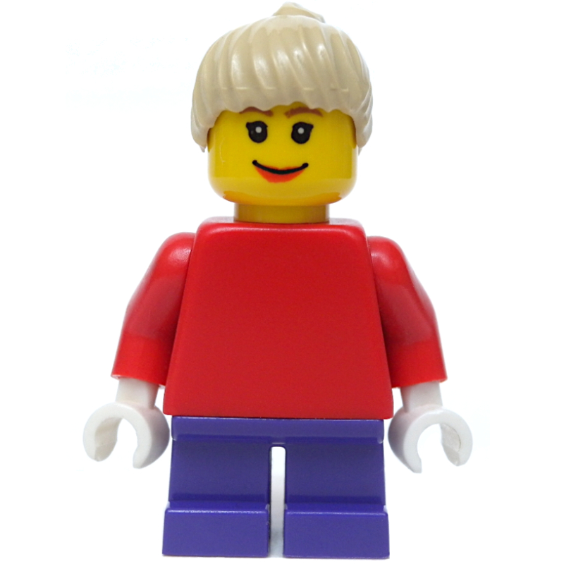Fille, torse rouge uni, courtes jambes violet foncé, cheveux beige (3626bpr0043 tête) (Girl, Plain Red Torso, Short Dark Purple Legs, Tan Hair (3626bpr0043 Head))