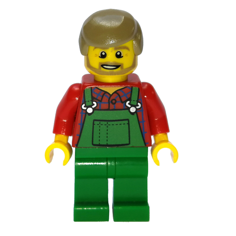 Homme, salopette verte sur chemise rouge, cheveux brun foncé, barbe (Man, Green Overalls over Red Shirt, Dark Tan Hair, Beard)