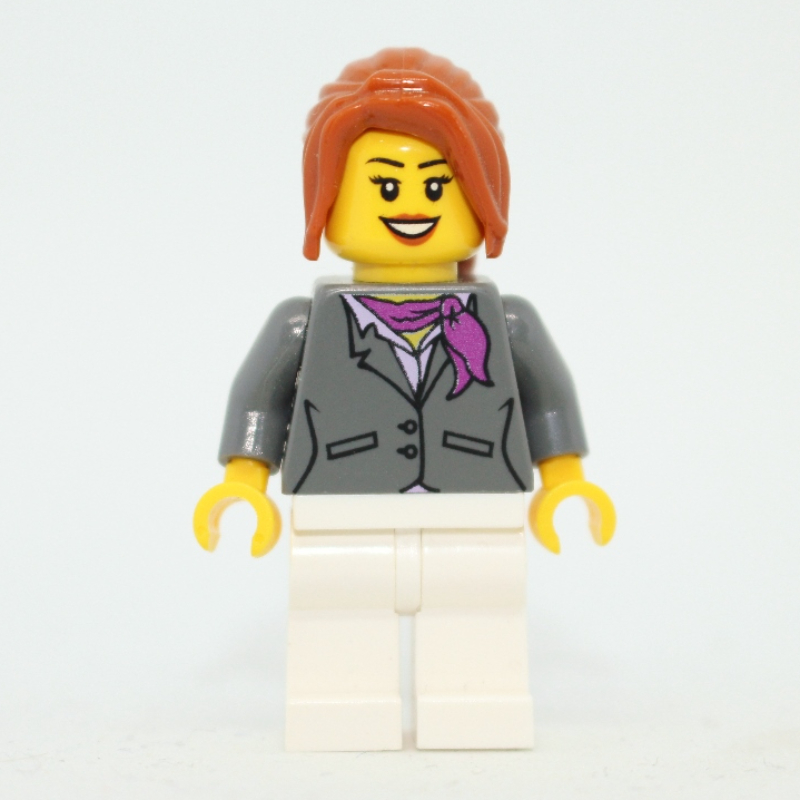 Femme, veste gris bleuté foncé avec écharpe magenta, jambes blanches, cheveux orange foncé (Woman, Dark Bluish Gray Jacket with Magenta Scarf, White Legs, Dark Orange Hair)