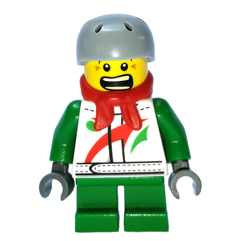Garçon, veste blanche et verte avec logo Octan, écharpe rouge, courtes jambes vertes, casque (Boy, White and Green Jacket with Octan Logo, Red Scarf, Short Green Legs, Helmet)