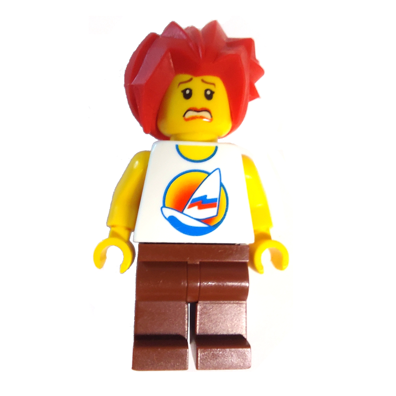 Torse blanc avec planche de surf, jambes brun rougeâtre, cheveux roux (White Torso with Surfboard, Reddish Brown Legs, Red Hair)