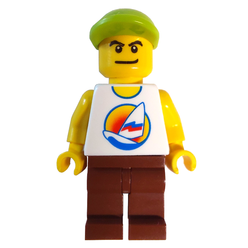 Torse blanc avec planche de surf, jambes brun rougeâtre, casquette de vert citron (White Torso with Surfboard, Reddish Brown Legs, Lime Cap)