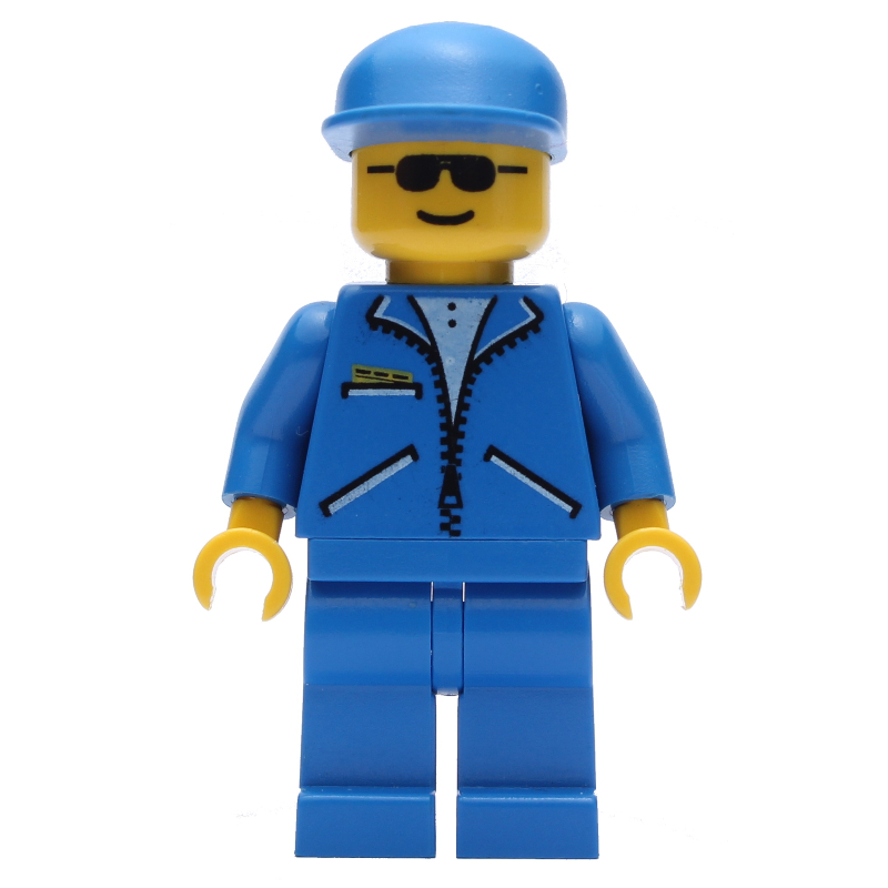 Homme, veste bleue avec fermeture éclair, jambes bleues, casquette bleue, lunettes de soleil (Man, Blue Jacket with Zipper, Blue Legs, Blue Cap, Sunglasses)
