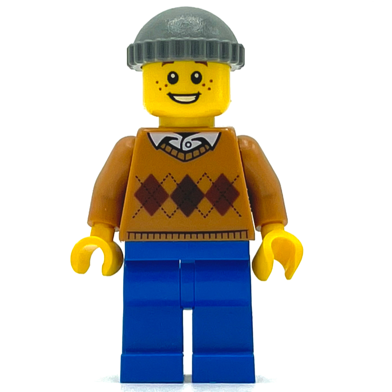Homme, chandail Argyle, jambes bleues, chapeau (Man, Argyle Sweater, Blue Legs, Hat)