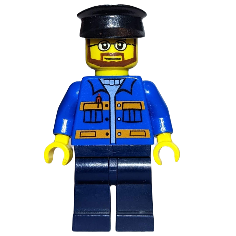 Homme, veste bleue avec rayures orange, jambes bleu foncé, chapeau noir, lunettes et barbe (Man, Blue Jacket with Orange Stripes, Dark Blue Legs, Black Hat, Glasses and Beard)