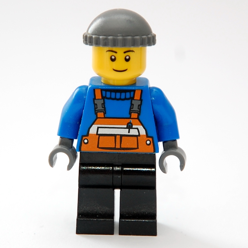 Homme, salopette orange sur pull bleu, jambes noires, chapeau gris bleuté foncé, sourcils bruns (Man, Orange Overalls over Blue Sweater, Black Legs, Dark Bluish Gray Hat, Brown Eyebrows)