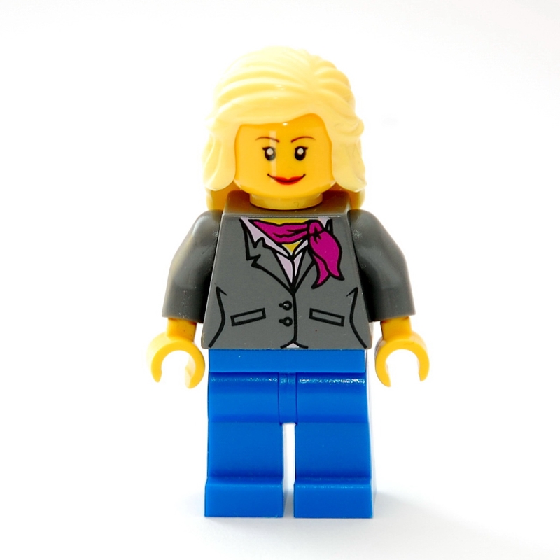 Femme, veste gris foncé bleuté avec écharpe magenta, jambes bleues, cheveux jaune clair lumineux (Woman, Dark Bluish Gray Jacket with Magenta Scarf, Blue Legs, Bright Light Yellow Hair)