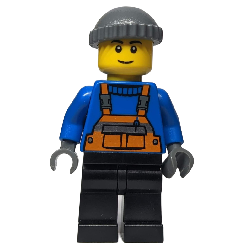 Homme, salopette orange sur pull bleu, jambes noires, chapeau gris bleuté foncé (Man, Orange Overalls over Blue Sweater, Black Legs, Dark Bluish Gray Hat)