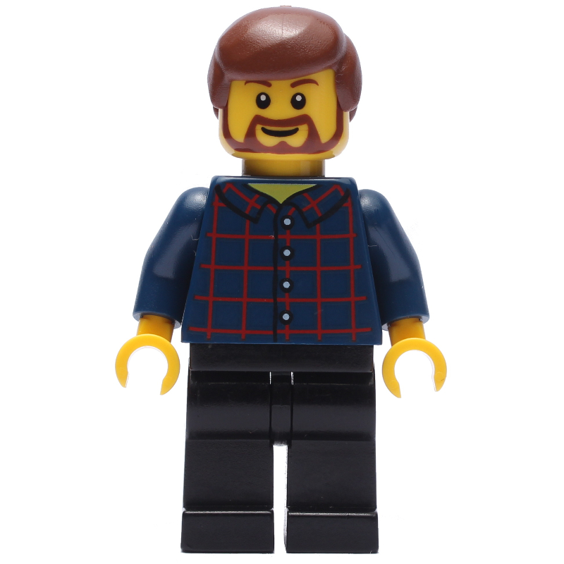 Homme, chemise à carreaux bleu foncé, jambes noires, barbe (Man, Dark Blue Plaid Shirt, Black Legs, Beard)