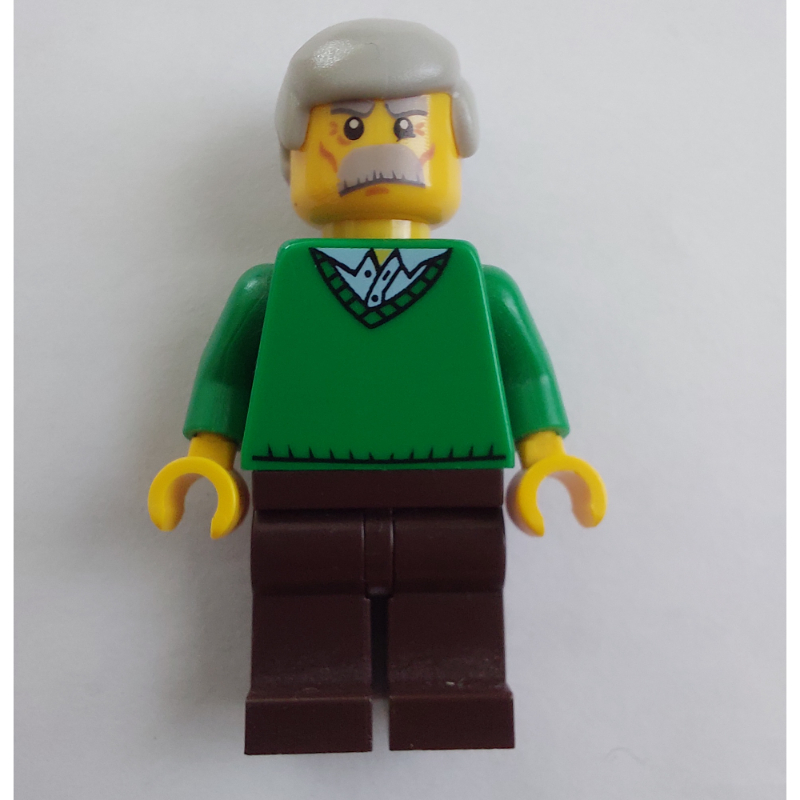 Homme, chandail vert à col en V, jambes brun foncé, moustache (Man, Green V-Neck Sweater, Dark Brown Legs, Moustache)