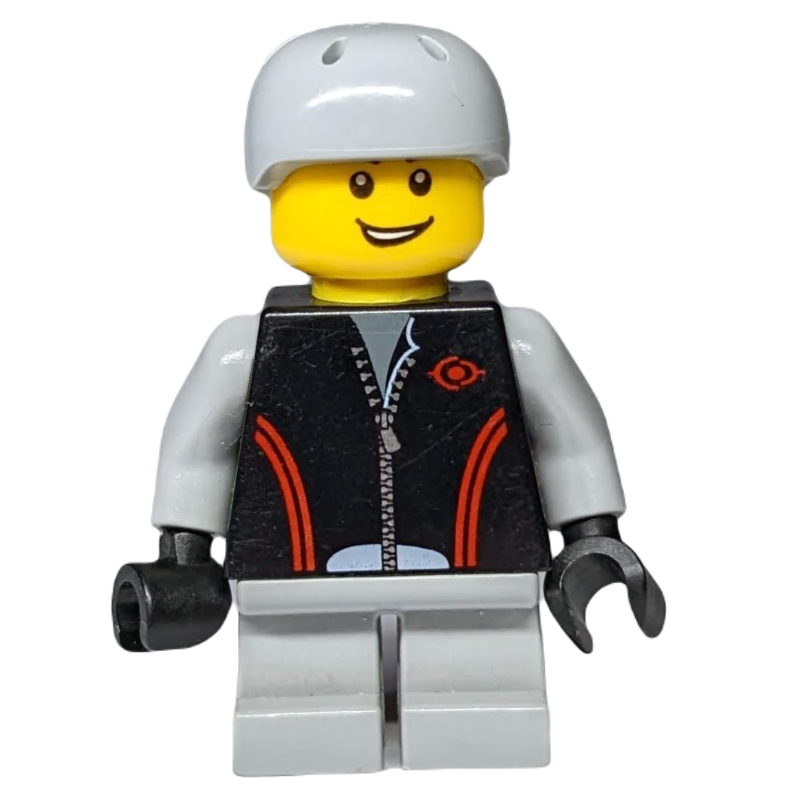Garçon, veste noire avec fermeture à glissière, courtes jambes gris bleuté clair, casque (Boy, Black Jacket with Zipper, Short Light Bluish Gray Legs, Helmet)