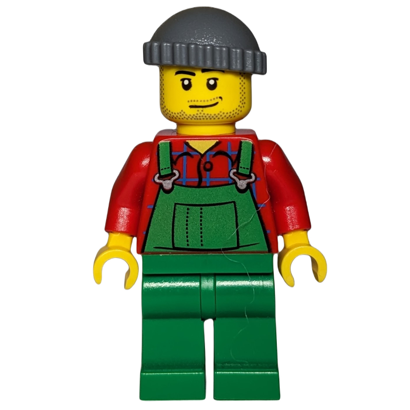 Homme, salopette verte sur chemise rouge, chapeau gris bleuté foncé, barbe naissante (Man, Green Overalls over Red Shirt, Dark Bluish Gray Hat, Stubble)