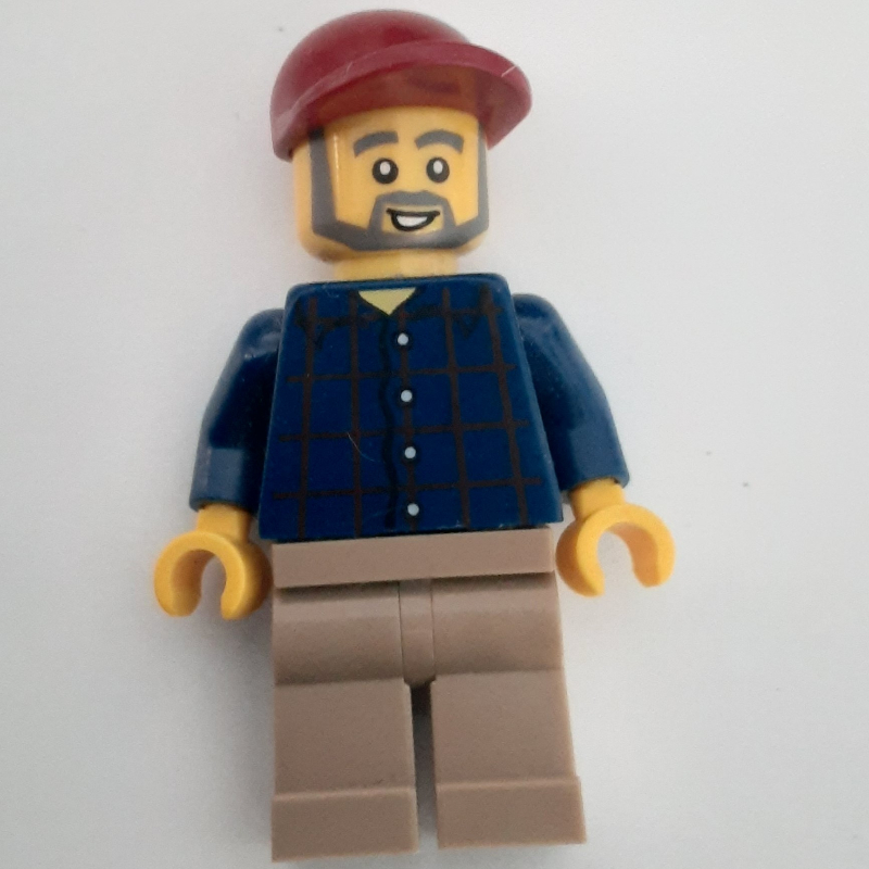 Homme, chemise à carreaux bleu foncé, jambes beiges, casquette rouge foncé, barbe (Man, Dark Blue Plaid Shirt, Tan Legs, Dark Red Cap, Beard)