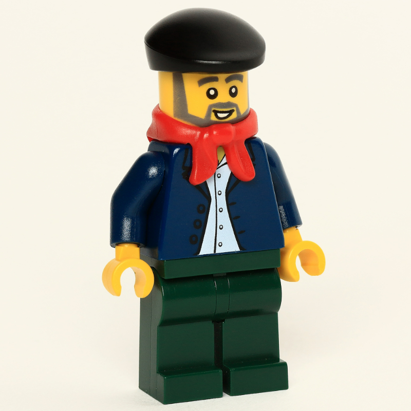 Homme, veste bleu foncé ouverte, jambes vert foncé, écharpe rouge, béret noir, barbe (Man, Open Dark Blue Jacket, Dark Green Legs, Red Scarf, Black Beret, Beard)