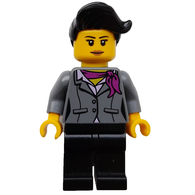 Femme, veste gris foncé bleuté avec écharpe magenta, jambes noires (Woman, Dark Bluish Gray Jacket with Magenta Scarf, Black Legs)