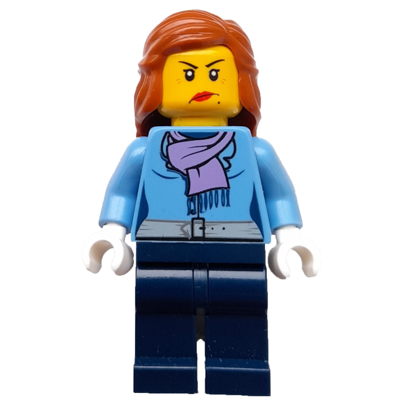 Femme, veste bleu moyen avec écharpe lavande moyenne, jambes bleu foncé (Woman, Medium Blue Jacket with Medium Lavender Scarf, Dark Blue Legs)
