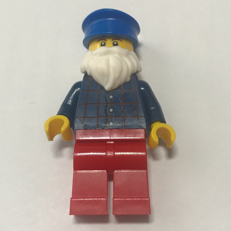 Homme, chemise à carreaux bleu foncé, jambes rouges, chapeau bleu, barbe blanche (Man, Dark Blue Plaid Shirt, Red Legs, Blue Hat, White Beard)