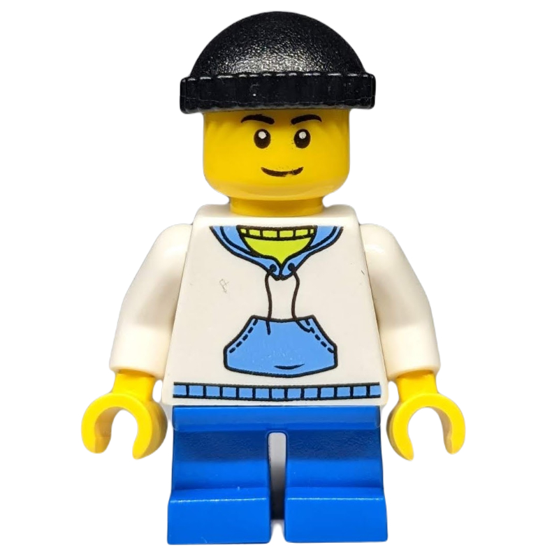 Garçon, sweat à capuche blanc et bleu, courtes jambes bleues, chapeau noir (Boy, White and Blue Hoodie, Short Blue Legs, Black Hat)