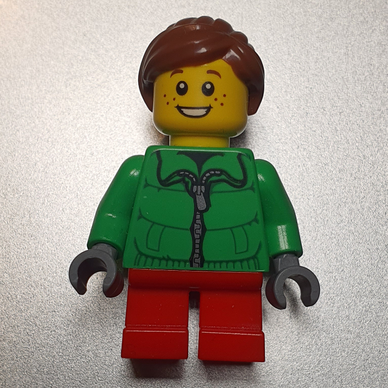 Fille, veste verte, courtes jambes rouges, cheveux bruns rougeâtres (Girl, Green Jacket, Short Red Legs, Reddish Brown Hair)