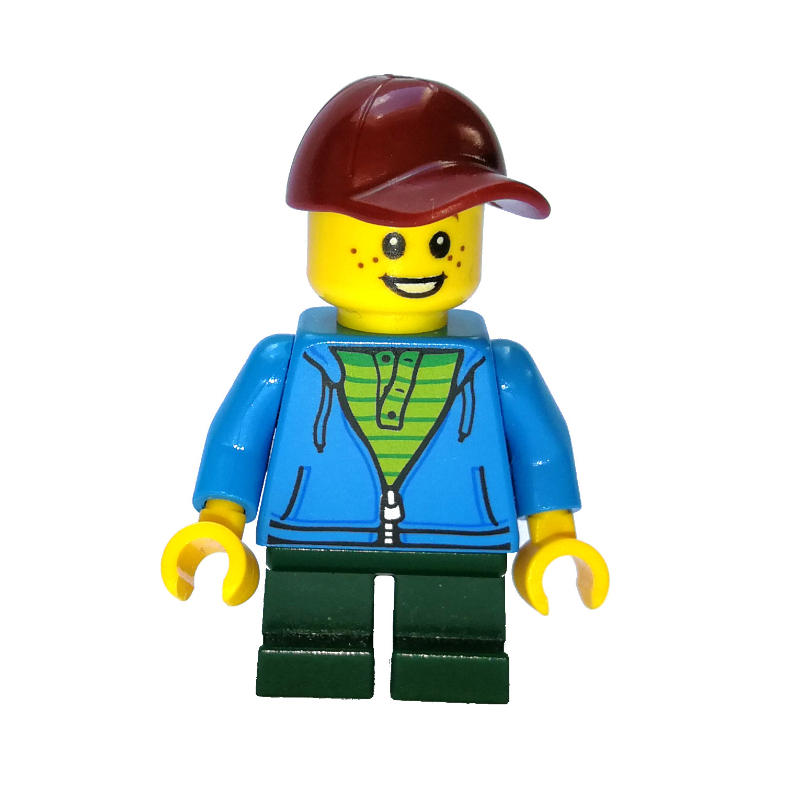 Garçon, ouvert sweat à capuche bleu azur avec fermeture éclair, courtes jambes vert foncé, casquette rouge foncé (Boy, Open Dark Azure Hoodie with Zipper, Short Dark Green Legs, Dark Red Cap)