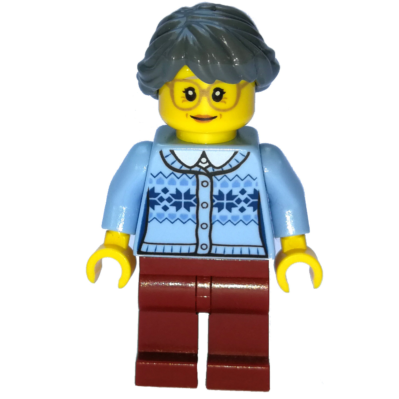 Femme, cardigan bleu clair lumineux, jambes rouge foncé, cheveux bleu grisâtre foncé (Woman, Bright Light Blue Cardigan, Dark Red Legs, Dark Grayish Blue Hair)