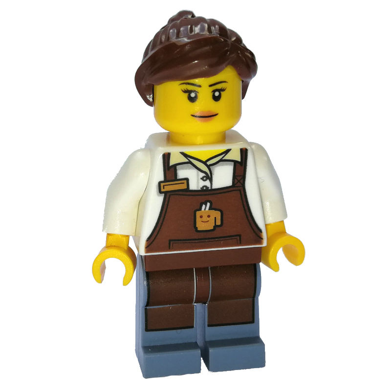 Barista, femme, torse blanc, tablier brun rougeâtre, cheveux brun rougeâtre (Barista, Woman, White Torso, Reddish Brown Apron, Reddish Brown Hair)