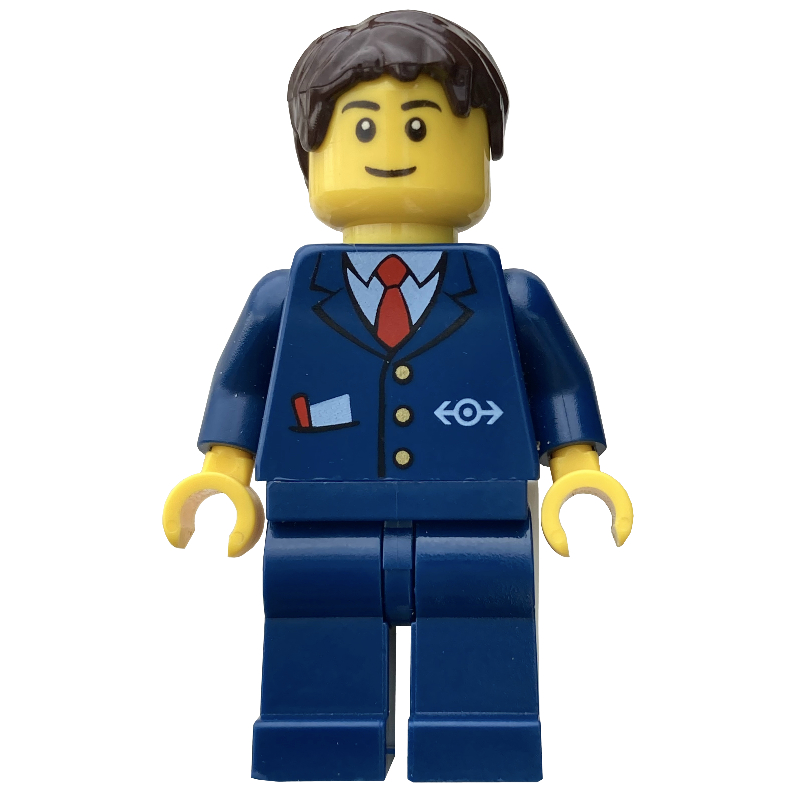 Conducteur, costume bleu avec logo de train, cheveux brun foncé (Conductor, Blue Suit with Train Logo, Dark Brown Hair)