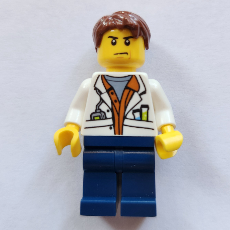 Scientifique, veste blanche ouverte, jambes bleu foncé (Scientist, Open White Jacket, Dark Blue Legs)