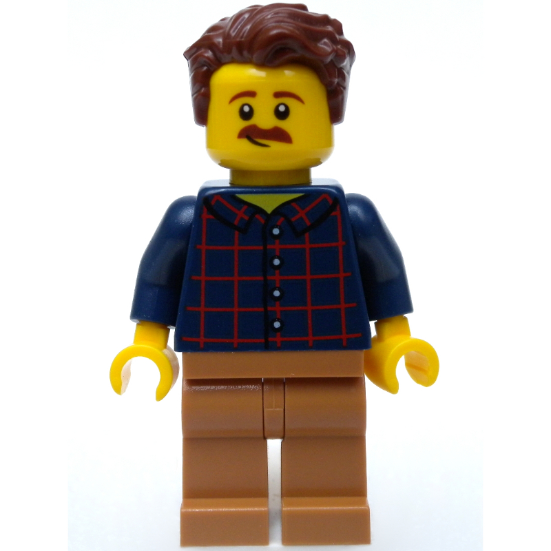 Homme, chemise à carreaux bleu foncé, jambes nougat moyen, moustache (Man, Dark Blue Plaid Shirt, Medium Nougat Legs, Moustache)