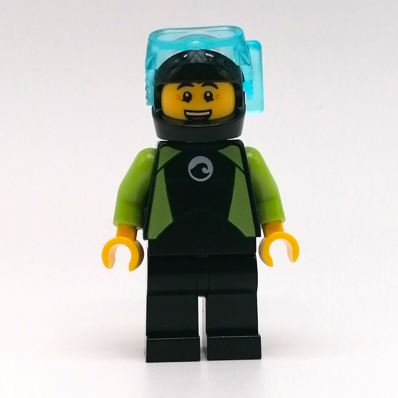 Plongeur, homme, combinaison de plongée noire et vert citron, casque noir et masque (Diver, Man, Black and Lime Wetsuit, Black Helmet and Mask)