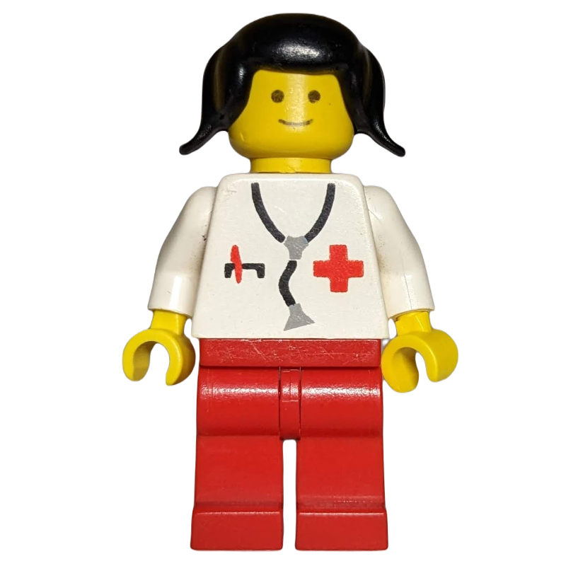 Médecin, femme, torse blanc avec stéthoscope et croix rouge, jambes rouges, cheveux noirs (3626b tête) (Doctor, Woman, White Torso with Stethoscope and Red Cross, Red Legs, Black Hair (3626b Head))