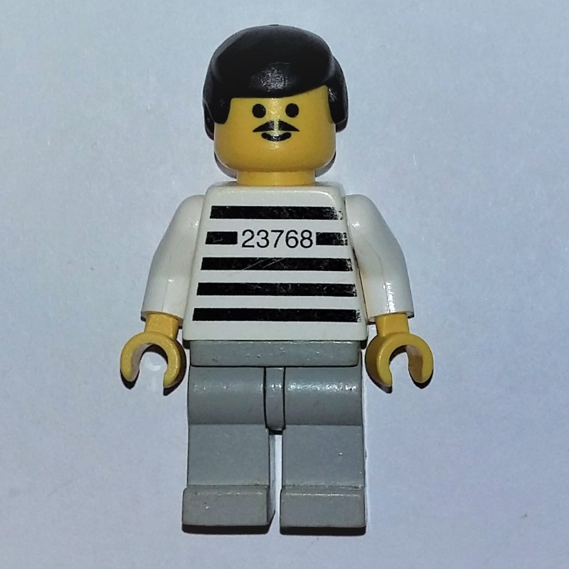 Jailbreak joe, chemise de prison avec #23768, jambes gris bleuté clair, cheveux noirs, moustache (Jailbreak Joe, Prison Shirt with #23768, Light Bluish Gray Legs, Black Hair, Moustache)