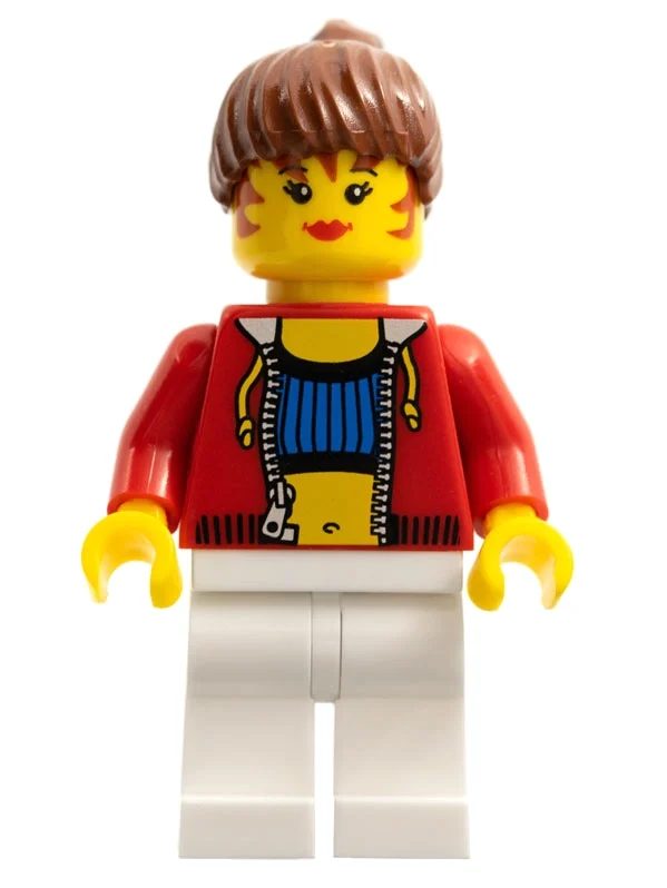 Femme, sweat à capuche rouge ouvert sur crop haut avec logo LEGO à l'arrière, jambes blanches (Woman, Open Red Hoodie over Crop Top with LEGO Logo on Back, White Legs)