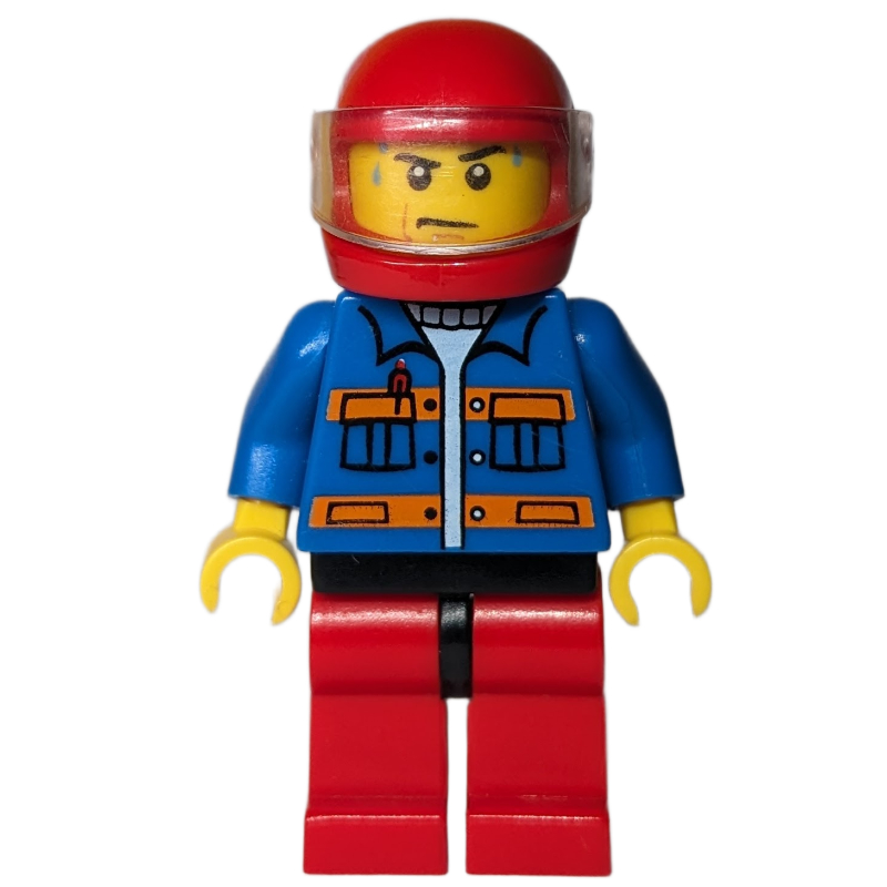 Homme, veste bleue à rayures orange, jambes rouges, casque rouge avec visière (Man, Blue Jacket with Orange Stripes, Red Legs, Red Helmet with Visor)