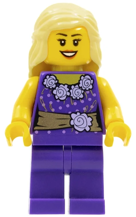 Femme, tenue pourpre foncé avec chemisier, fleurs et ceinture d'or, cheveux jaune clair vif (Woman, Dark Purple Outfit with Blouse, Flowers and Gold Sash, Bright Light Yellow Hair)
