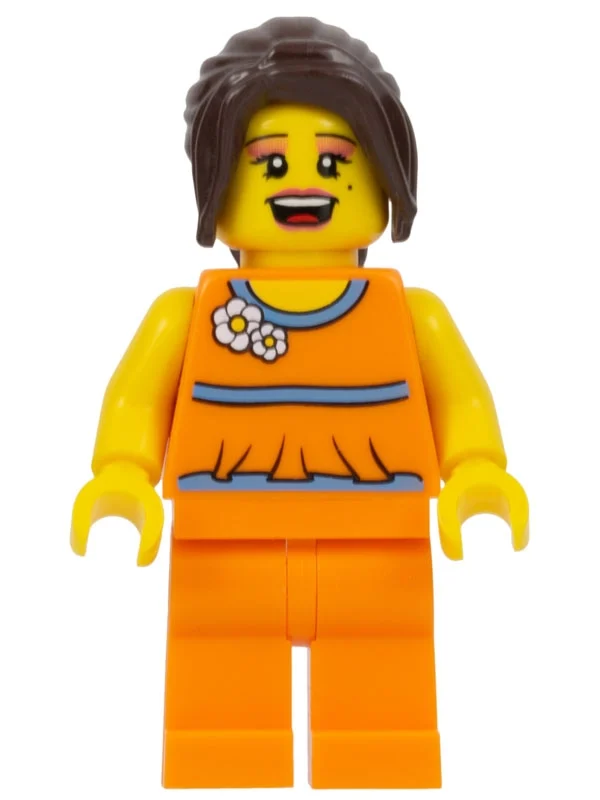 Femme, tenue orange avec des fleurs, queue de cheval brun foncé, fard à paupières (Woman, Orange Outfit with Flowers, Dark Brown Ponytail, Eye Shadow)
