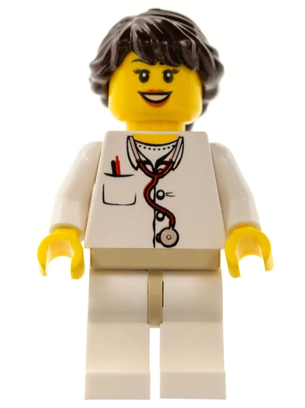 Médecin, femme, torse blanc avec stéthoscope et poche, jambes blanches, cheveux brun foncé (Doctor, Woman, White Torso with Stethoscope and Pocket, White Legs, Dark Brown Hair)