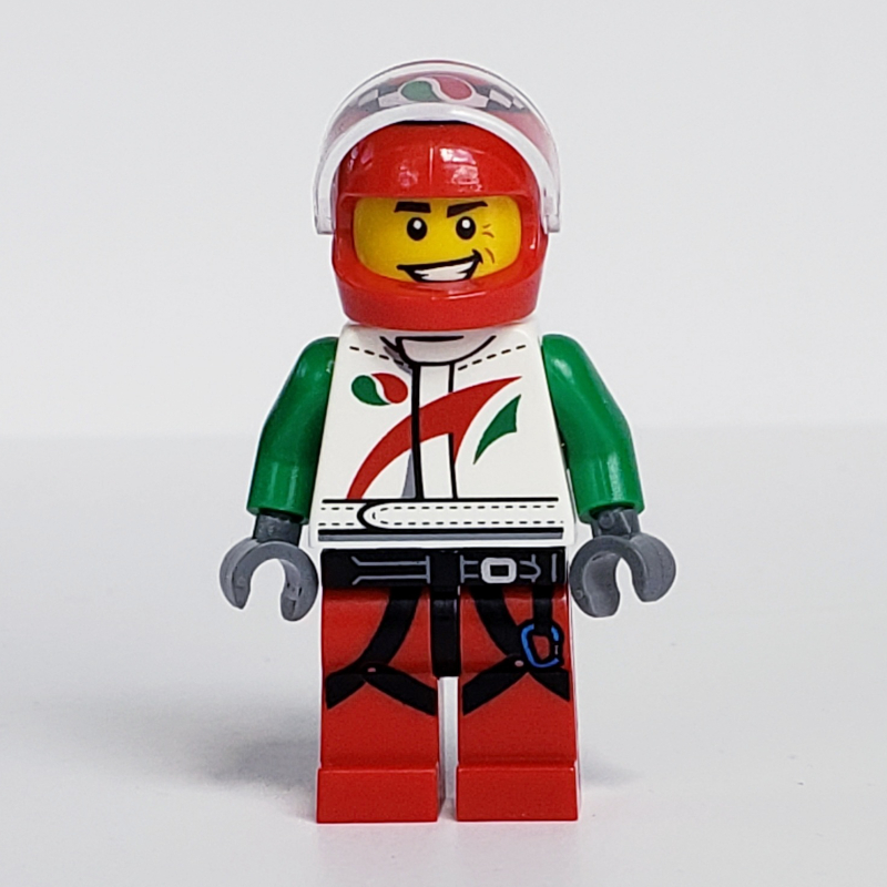 Pilote de course, veste blanche et verte avec logo Octan, casque rouge avec visière incolore transparent (Racer, White and Green Jacket with Octan Logo, Red Helmet with Trans-Clear Visor)