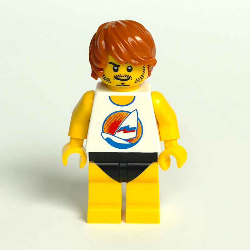 Surfeur, débardeur blanc avec planche à voile, jambes jaunes avec maillot de bain noir (Surfer, White Tank Top with Windsurfer, Yellow Legs with Black Swim Trunks)