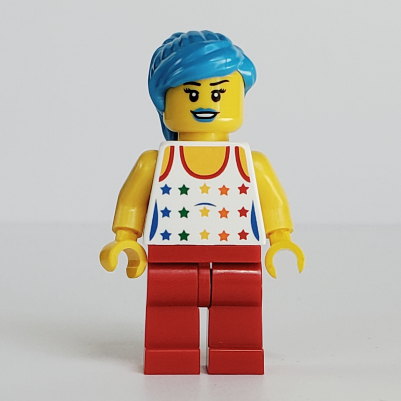 Musicien, femme, débardeur avec des étoiles de couleur arc-en-ciel, cheveux azur foncé (Musician, Woman, Tank Top with Rainbow Colored Stars, Dark Azure Hair)
