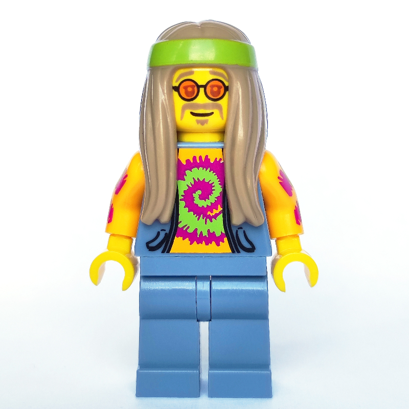 Fleur enfant, gilet bleu sable ouvert sur chemise orange clair vif, longs cheveux beige foncés (Flower Child, Open Sand Blue Vest over Bright Light Orange Shirt, Long Dark Tan Hair)