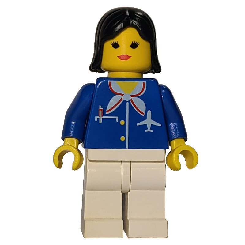 Travailleur de la compagnie aérienne, femme, veste bleue avec logo d'avion et écharpe blanche, jambes blanches, cheveux noirs, lèvres rouges (Airline Worker, Woman, Blue Jacket with Plane Logo and White Scarf, White Legs, Black Hair, Red Lips)
