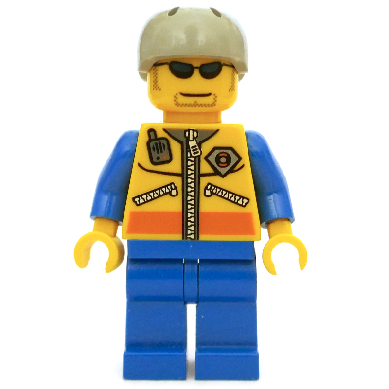 Garde côtière, veste jaune avec fermeture à glissière, radio et badge, casque gris bleuté clair, lunettes de soleil (Coast Guard, Yellow Jacket with Zipper, Radio and Badge, Light Bluish Gray Helmet, Sunglasses)