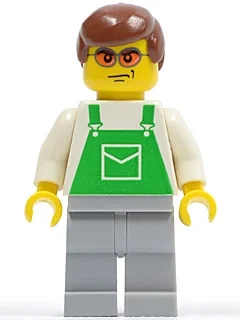 Homme, salopette verte sur chemise blanche, cheveux brun rougeâtre, lunettes de soleil orange (Man, Green Overalls over White Shirt, Reddish Brown Hair, Orange Sunglasses)