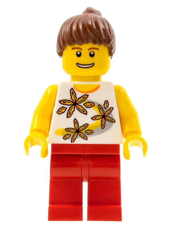 Femme, débardeur blanc avec des fleurs, jambes rouges, cheveux brun rougeâtre (Woman, White Tank Top with Flowers, Red Legs, Reddish Brown Hair)