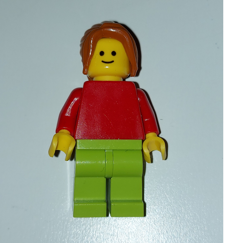 Femme, torse rouge uni, jambes vert citron, cheveux orange foncé (Woman, Plain Red Torso, Lime Legs, Dark Orange Hair)