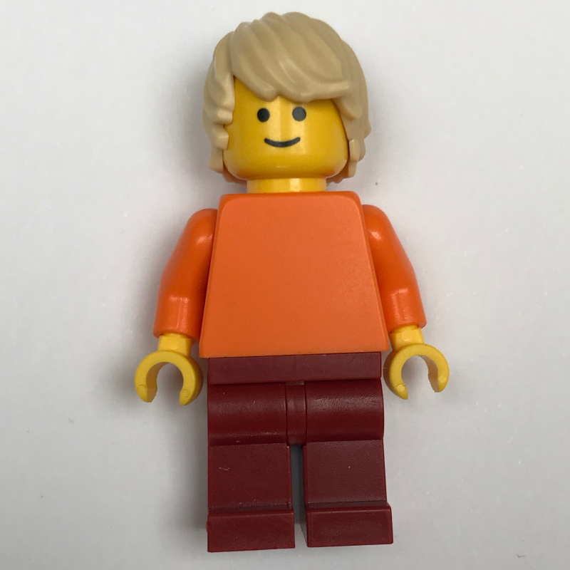 Homme, torse orange uni, jambes rouge foncé, cheveux beiges (Man, Plain Orange Torso, Dark Red Legs, Tan Hair)